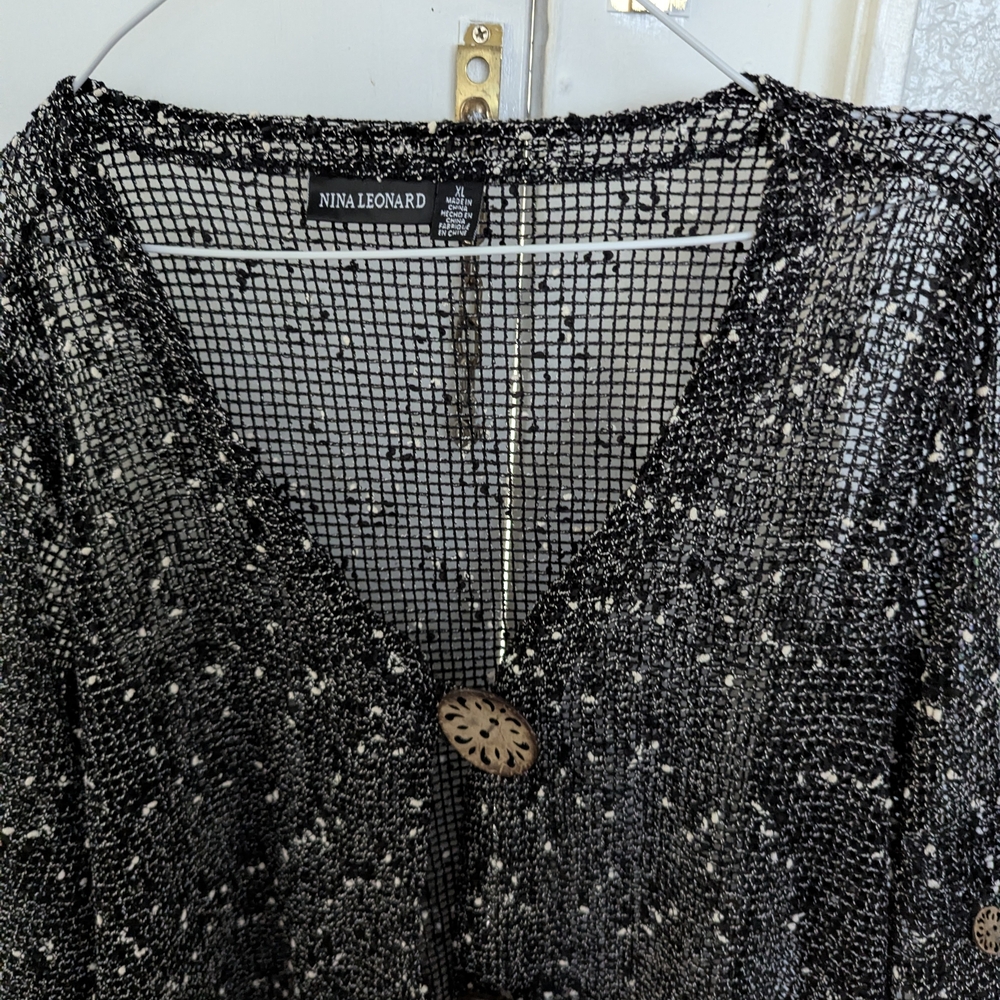 Nina Leonard Black and White Open-Knit Button-Down Top